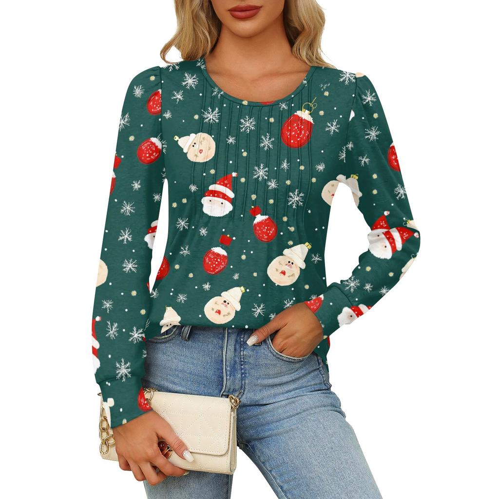 Long Sleeve Shirts For Women Cute Print Graphic Tees Blouses Dressy Casual Blouses Pleated Scooped Neck Tunic Tops Christmas