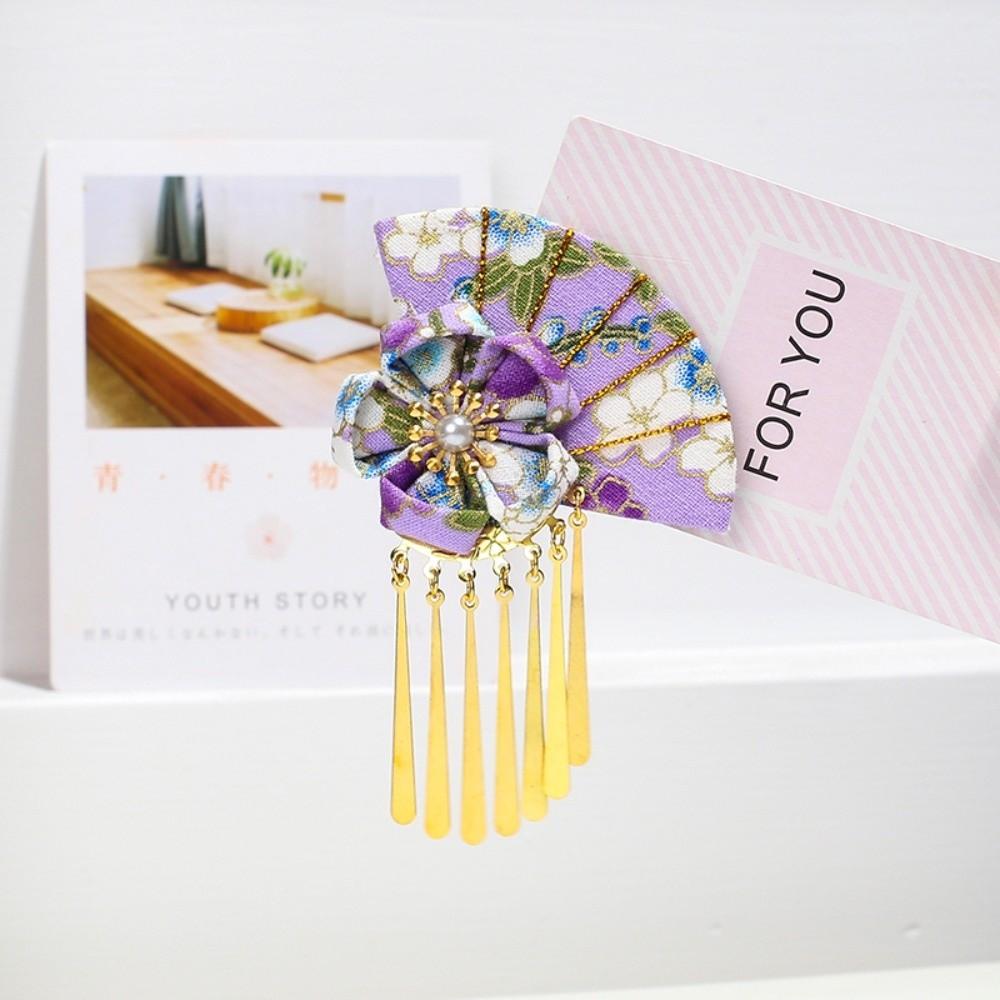Elegant Kimono Hair Clip Traditional Metal Tassel Faux Pearl Decor Hair Clip Cloth Sakura Flower Fan Shape Hairpin Kids Girls