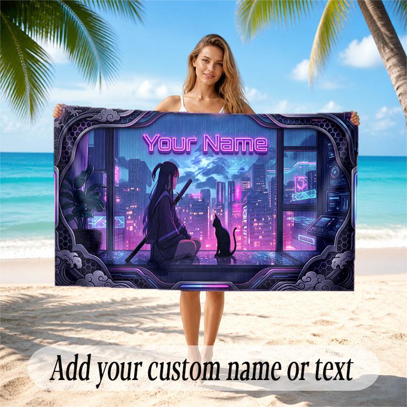 City Cyberpunk Theme Soft Beach Towel Personalized Custom Name Text Towel Portable for Beach Pool Travel