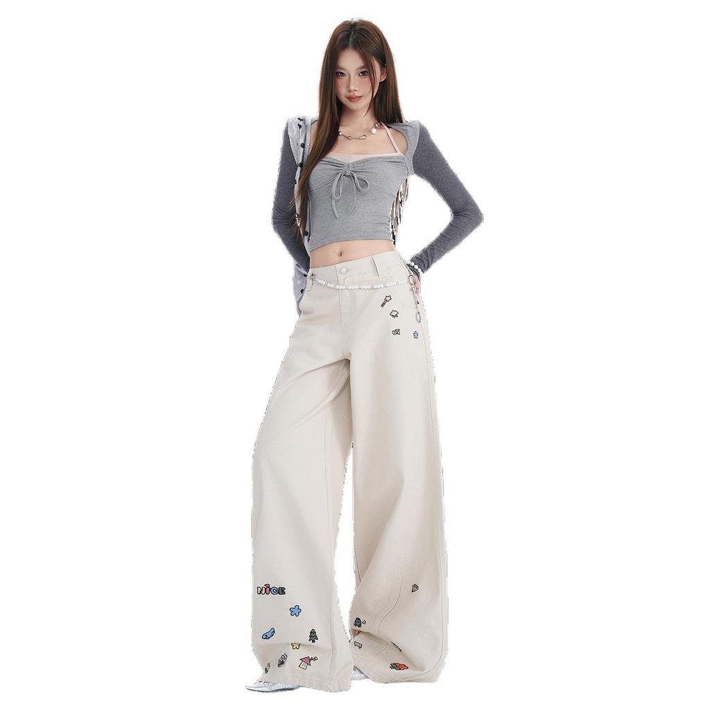 Autumn and winter new cartoon embroidered casual pants women's straight loose and versatile wide-leg scimitar pants
