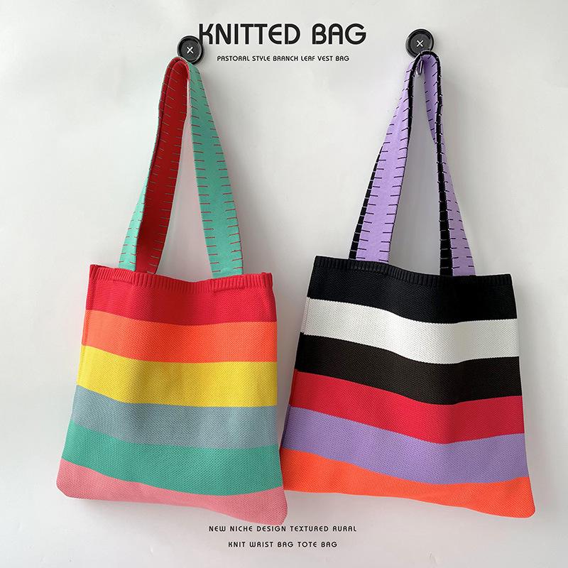 "Rainbow Knit Women's Tote: Large Capacity, Versatile Shoulder Handbag for Spring/Summer"