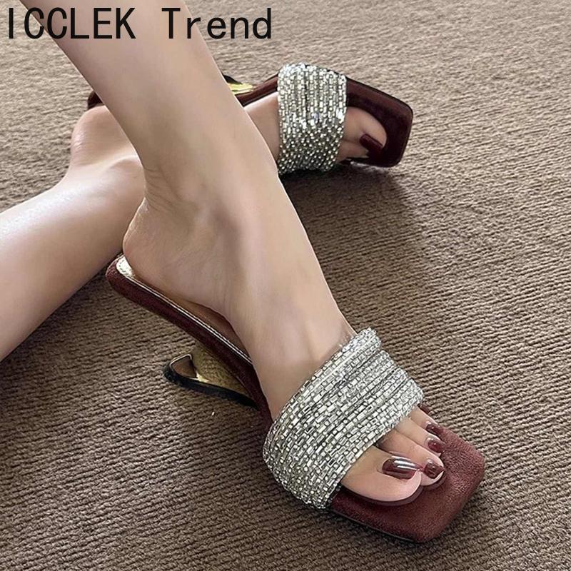 Designer Summer Strange Style Women Slippers Fashion Crystal Square Toe Slide Ladies Party Dress Sandalias