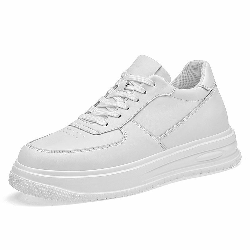 Invisible 8CM Height Boost White Casual Men's Cowhide Shoes - Autumn Fashion with Thick Sole