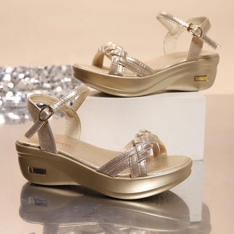 2025 New Plus Size Roman Peep-Toe Casual Sandals Summer Buckle Strap Solid Seller Outdoor Comfort Shoes for Women Wedge Sandals