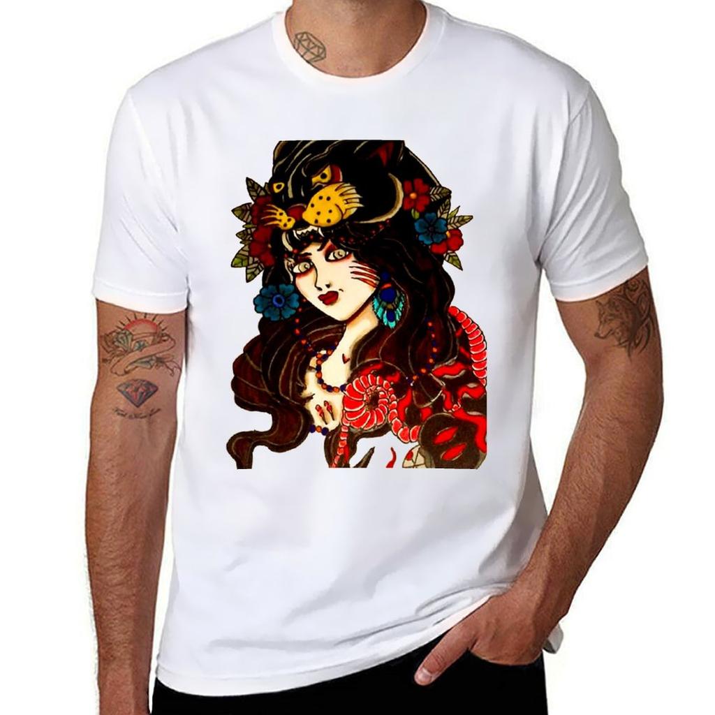 Lady With Panther Cowl Traditional Tattoo Art Tshirt Unisex T Shirts For Unisex Unisex T Shirt Designer Tshirt