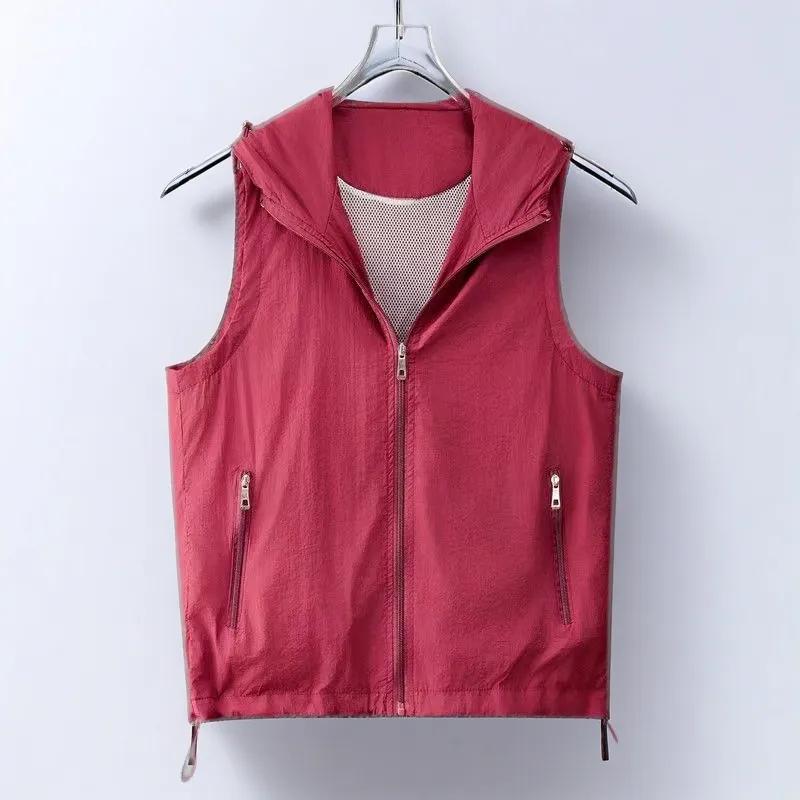 Women's Summer Hooded Sleeveless Breathable Windbreaker Vest, Solid-Color Casual Cardigan