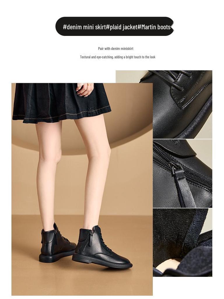 2025 Autumn Vintage Leather Women's Martin Boots with Dual Zippers - Korean Style, Flat Bottom Casual Shoes