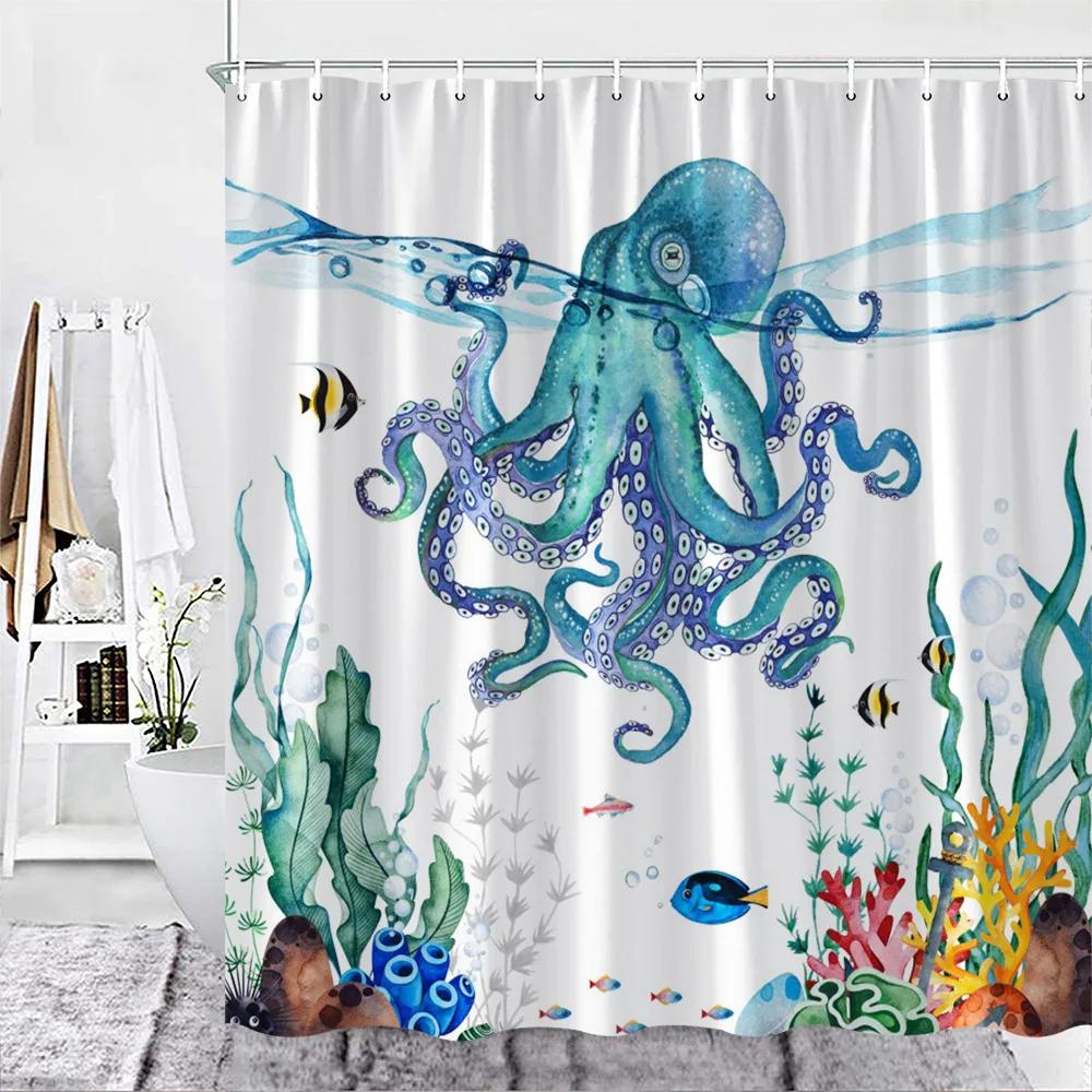 Sea Turtle Theme Shower Curtain Set Wooden Board Coral Water Plants Bubble Sea Life Bathroom Curtain Fabric Decor Washable Hooks