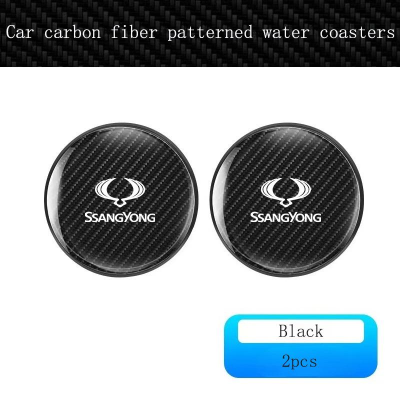 2pcs Carbon fiber Car Coasters Non-Slip Pad Water Cup Drink Mat For SsangYong Kyron Stavic Rexton Sports Tivoli Musso