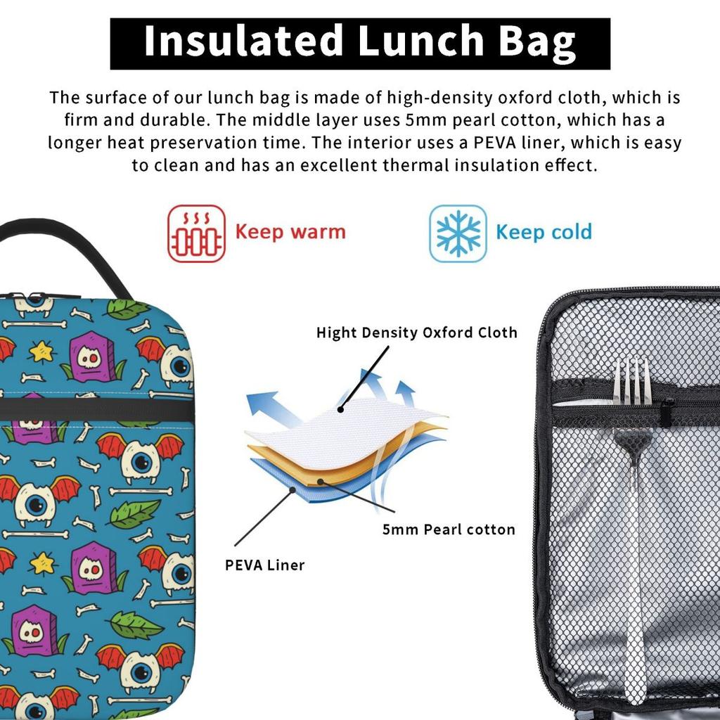 Cartoon Eye Bat Pattern Insulated Lunch Bag for Women Children Portable Food Boxes Thermal Lunch Box Tote