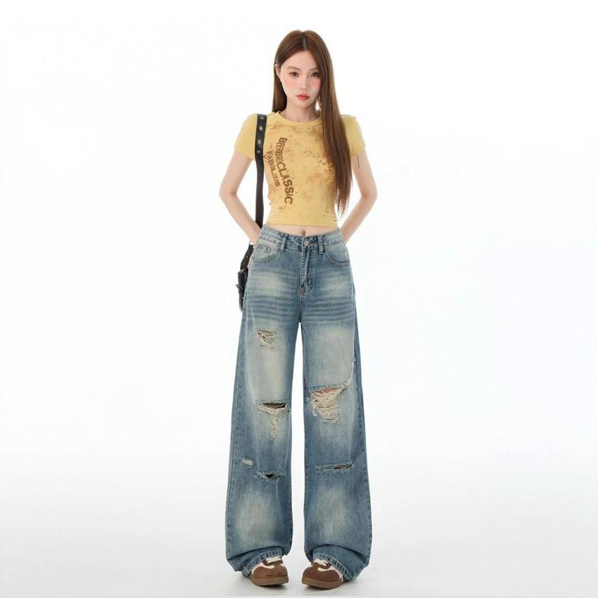 Comfortable Broken Hole Washed Wide-legged Jeans Women's Autumn Loose High Waist Thin Straight Dragging Long Trousers Jeans for Women Long Denim Pants