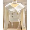 2026 Autumn/Winter French Chic White Lapel Knitwear: Women's Elegant, Waist-Cinched Slimming Sweater.