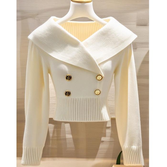 2026 Autumn/Winter French Chic White Lapel Knitwear: Women's Elegant, Waist-Cinched Slimming Sweater.