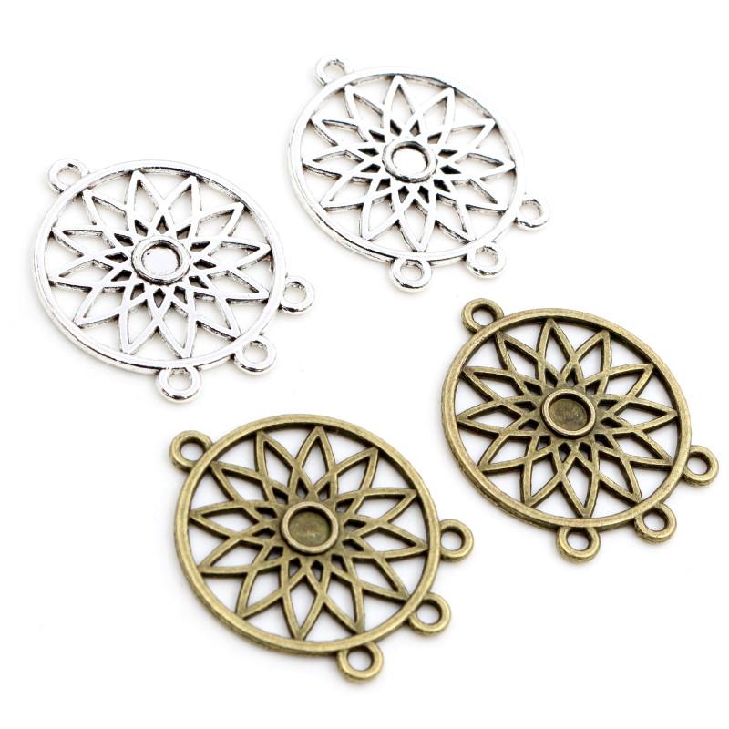 10pcs Metal Round Flower Charms Pendant with 3 Loops Connector Tassel Pendant 33x26mm DIY Jewelry Making Findings Accessories