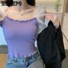 Purple Sweet Mesh Slash Neck Women Blouse Puff Sleeve Cropped Top Sexy Slim Elastic Waist High Waist Navel Exposed Fairy Style