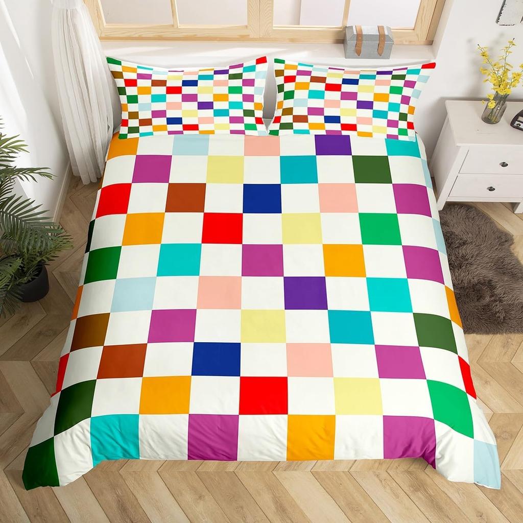 Geometric Abstract Duvet Cover Full King Checkered Bedding Set Aesthetic Checkerboard Plaid Comforter Cover for Boys Girls Teen