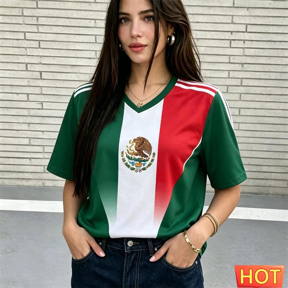 Summer Women V-neck Jersey Mexico Style Football Jersey Breathable Sport Womens T-shirt Polyester Breathable T-shirt Jersey Tops