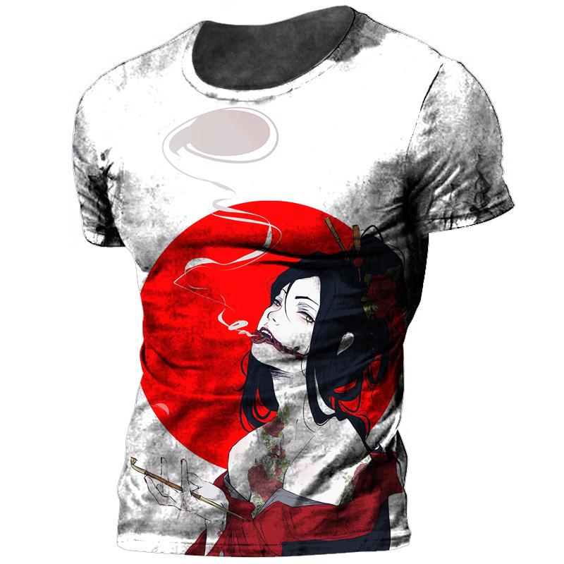 

Винтажная мужская футболка с принтом японской красавицы гейши и круглым вырезом, летняя толстовка с короткими рукавами, одежда оверсайз, топы, футболки