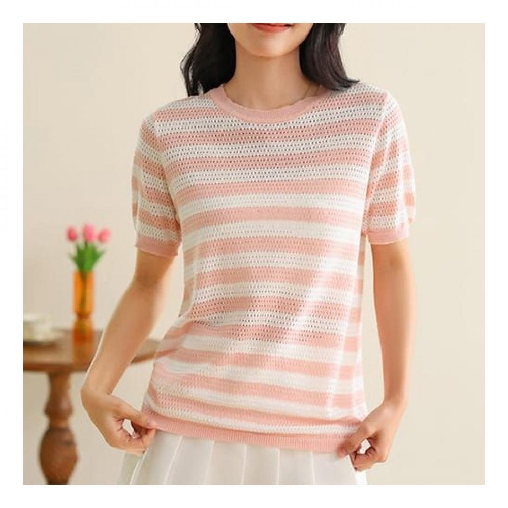 Navava Nk2013 Punching Stripe Round Neck Short Sleeve Knit