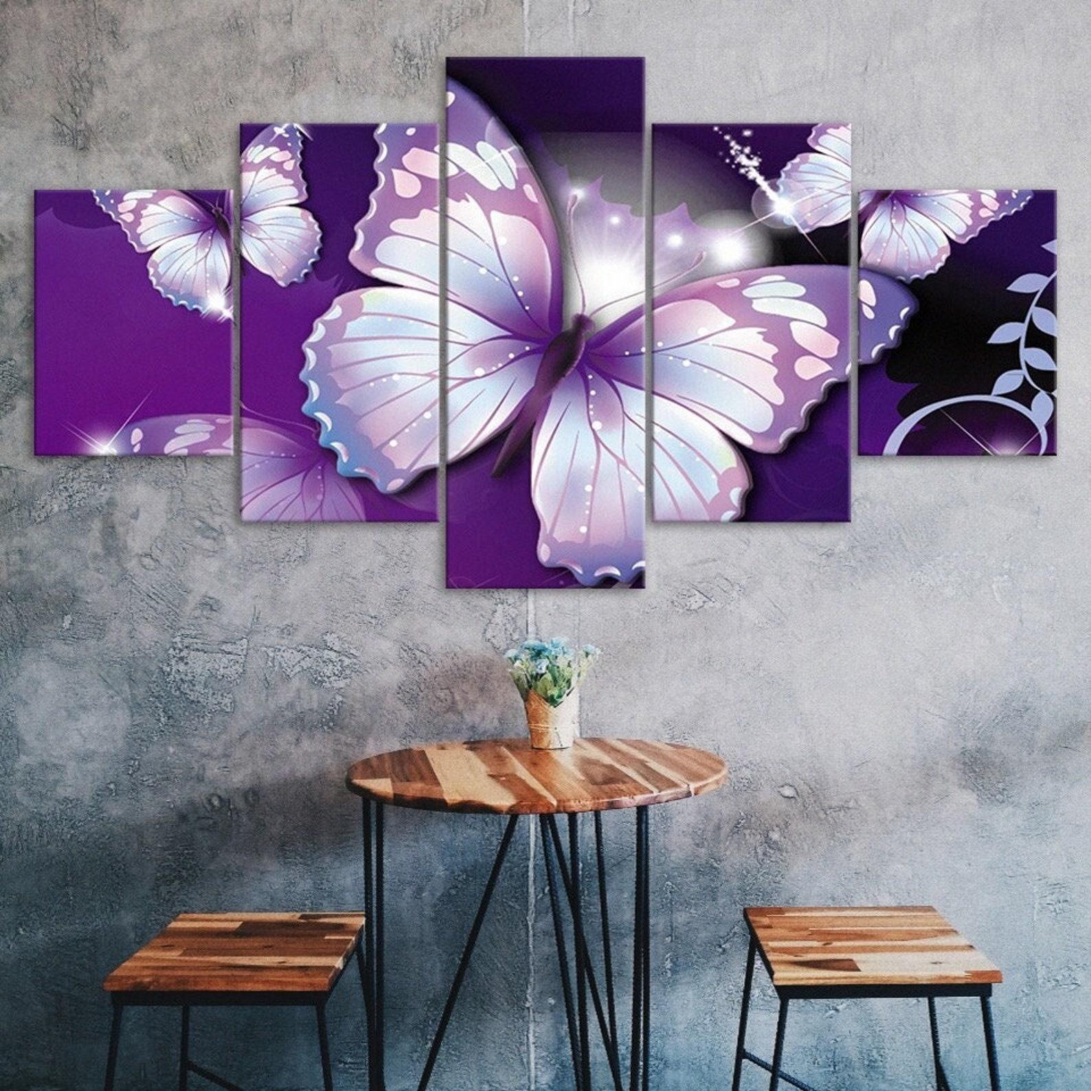 

Purple Sparkly Butterflies 5 Piece Five Panel Wall Canvas Print Modern Poster Pictures Home Decor Gift For Him For Her 20X35 20X45 20X55CM