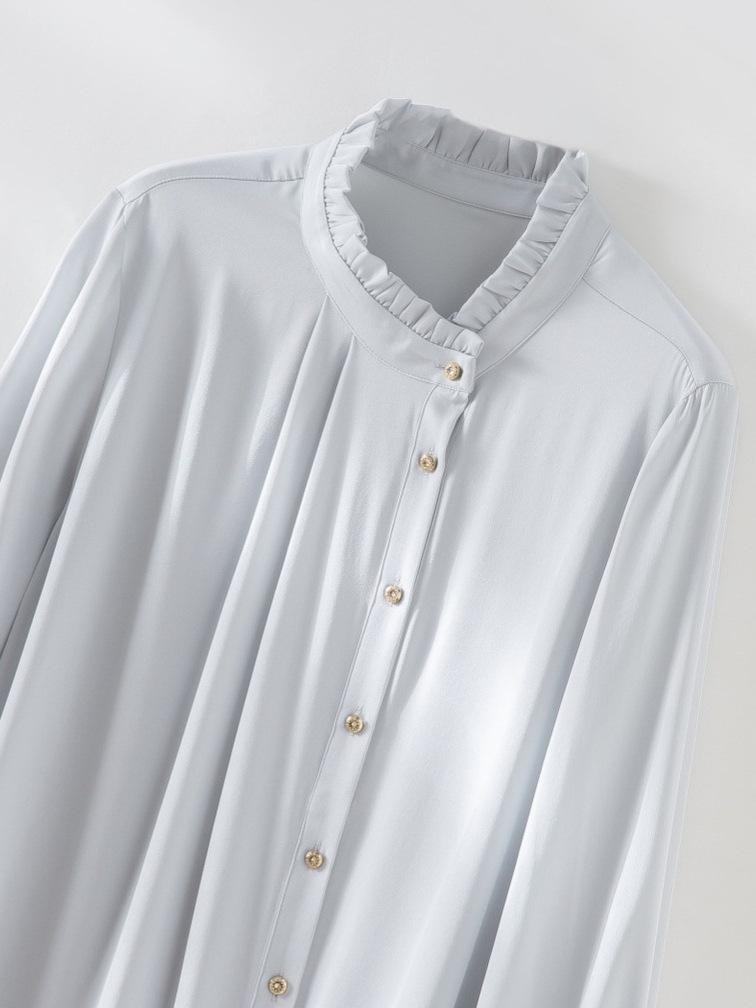 Women's 19 Momme Stretch Double Georgette Silk Ruffle Shirt, Long Sleeve, French Light Luxury, Casual, New Spring Collection