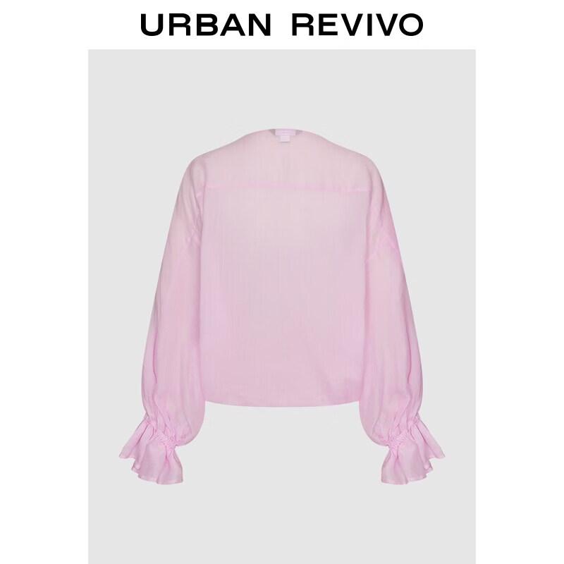 UR2026 Women s Casual V-Neck Cuffed Puff Sleeve Shirt XS
