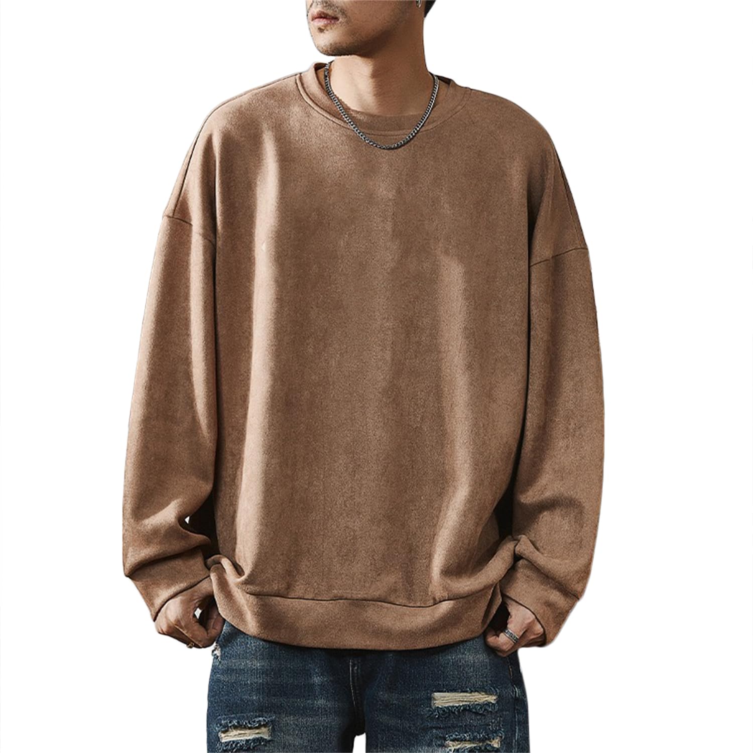 

W Wonyo Suede Long Sleeve Plus Round Neck Long Solid Medium Thick Suede Stylish Crew Neck Casual Stylish Retro XL Men s T-Shirt, Size, Pullover,