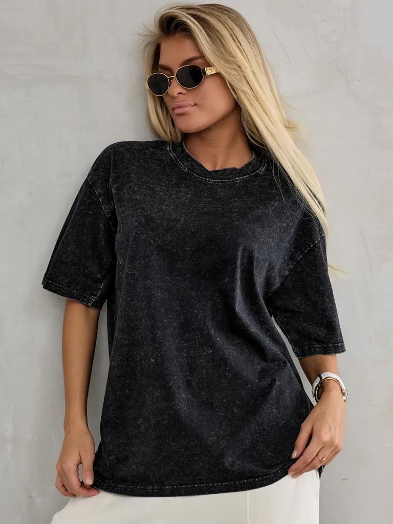 Camiseta Básica de Algodón Lavado Vintage Manga Corta Cuello Redondo Ajuste Holgado Streetwear para Mujer
