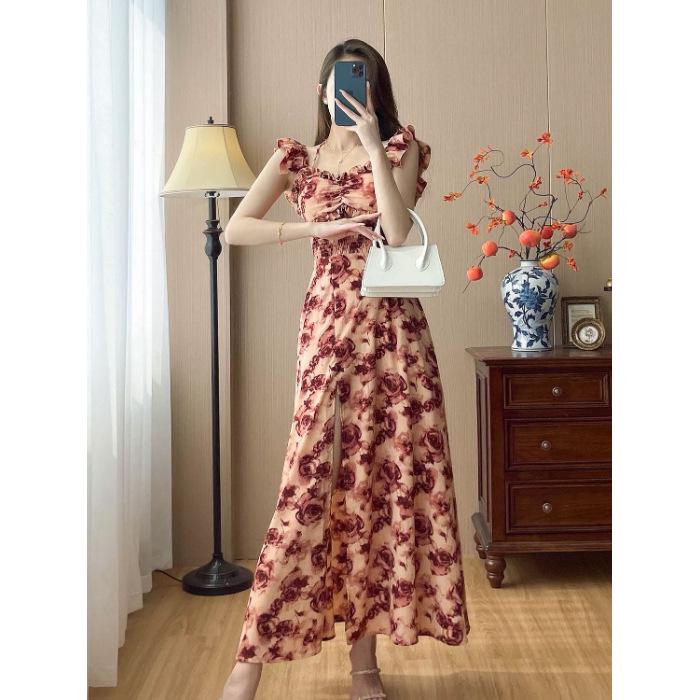 Pure Desire Floral Halter Split Dress with Puff Sleeves Extra Large