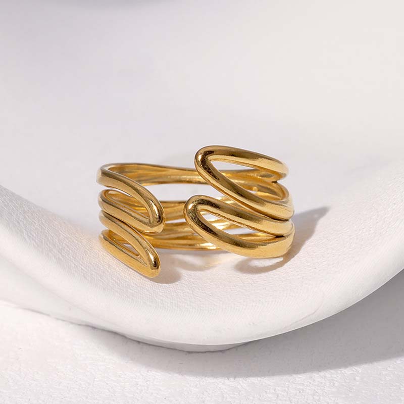 Stainless Steel Gold Color Geometric Open Rings For Women Vintage Metal Irregular Hollow Adjustable Ring Jewelry Gift