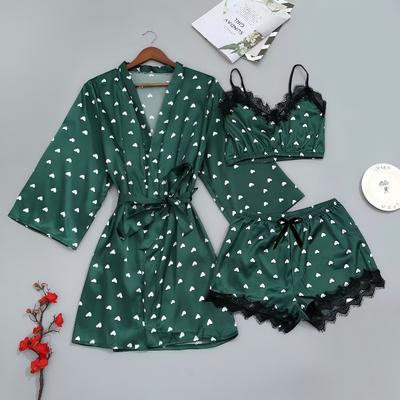 2026 New Summer Sexy Pajamas Satin Three-piece Loungewear Love Print Women