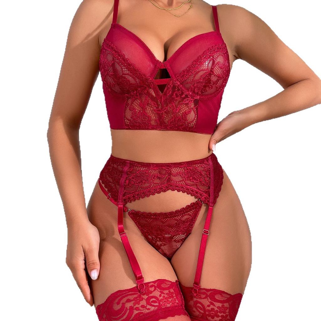 European and American New Fashion Lace Hollow Bra Perspective Four-piece Erotic Underwear Set
