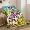 Cartoon animals in a pink car surrounded by vibrant flowers and plants. for all seasons blanket lunch break throw gift