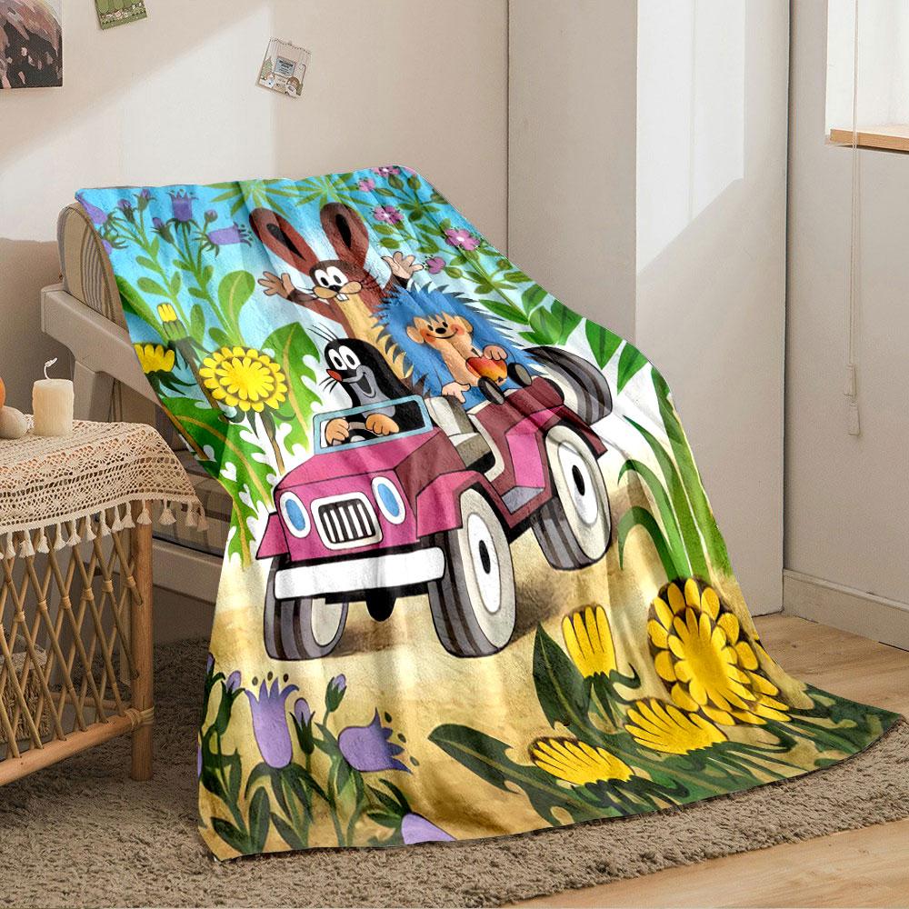 Cartoon animals in a pink car surrounded by vibrant flowers and plants. for all seasons blanket lunch break throw gift