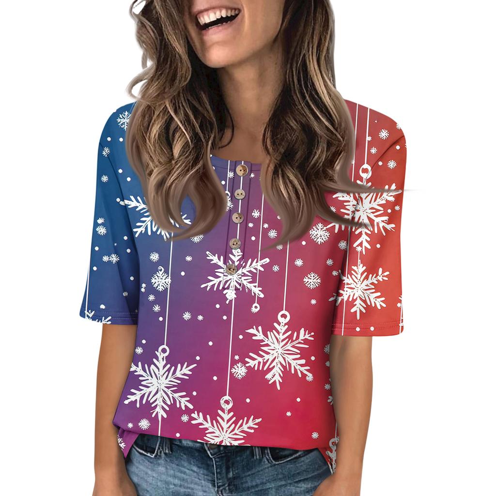 Shirts For Women Trendy Round Neck Button T Shirts Printed Blouse Half Sleeve Tops For Women