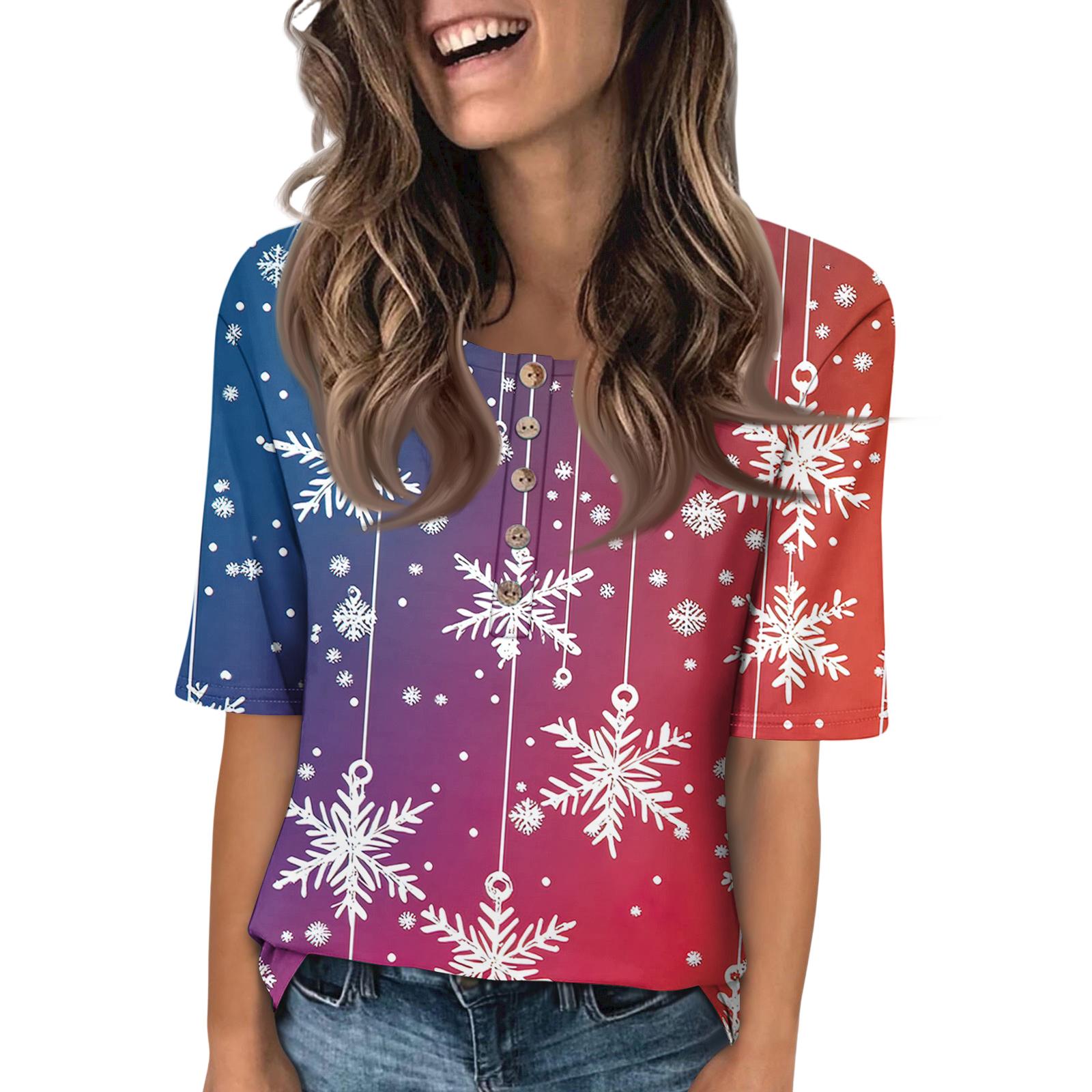 

Shirts For Women Trendy Round Neck Button T Shirts Printed Blouse Half Sleeve Tops For Women S