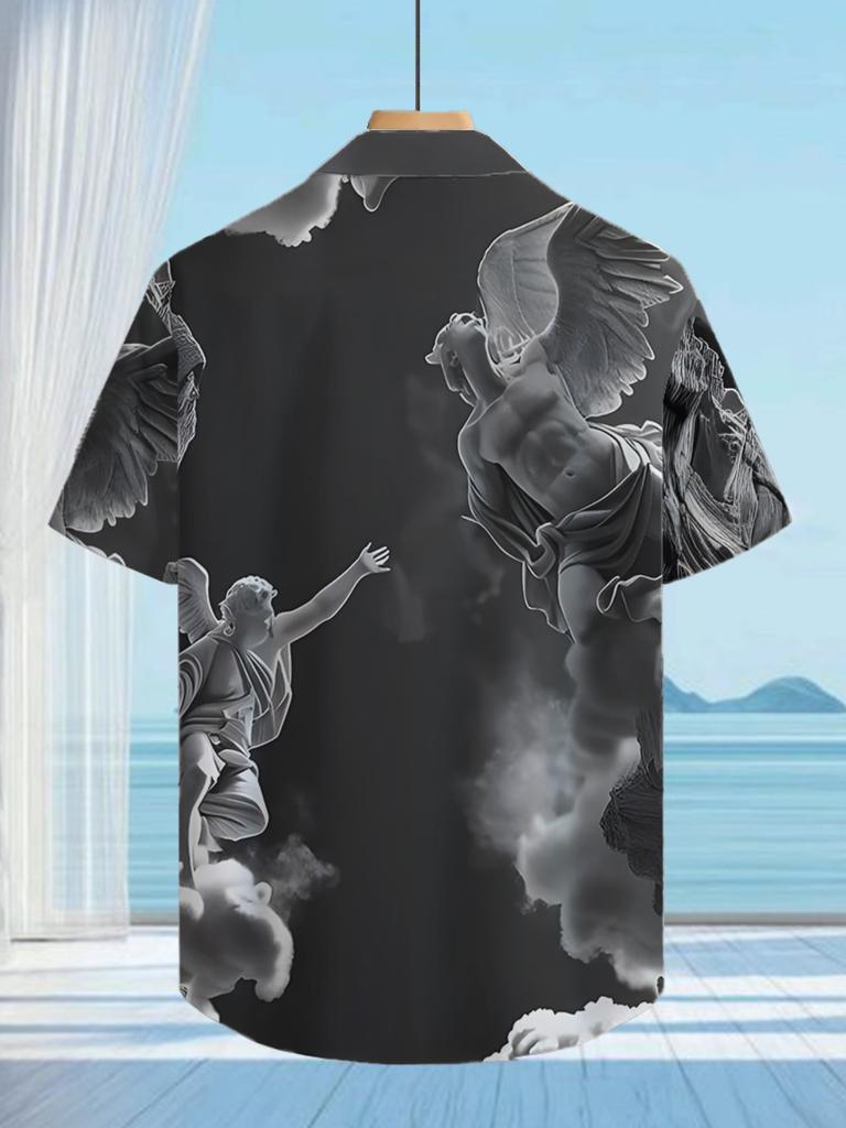 Vintage Ink Wash Anime Print, Stylish Tropical Hawaiian Short-Sleeve Shirt, Casual Button-Up for Men, Lightweight Polyester for Summer Adventures