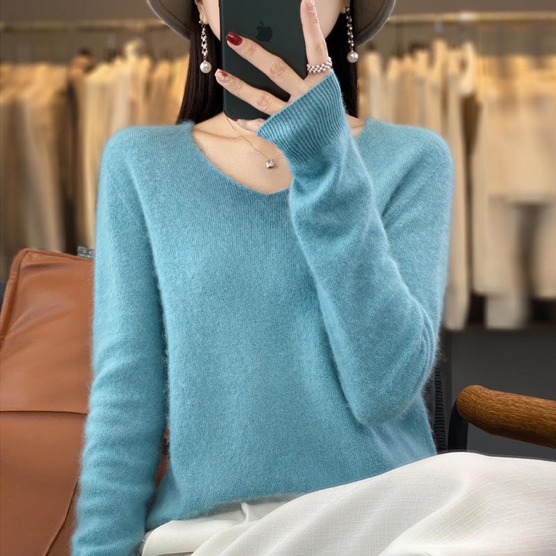 Women's V-Neck Seamless Wool Sweater - Loose, 100% Cashmere Knit for Autumn/Winter