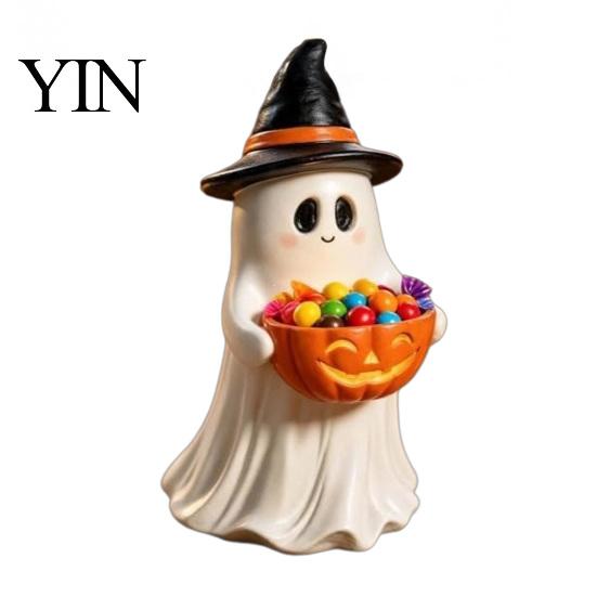 Decorative Figures for Living Room Resin Ghost Statue with Pumpkin Candy Bowl Halloween Table Decor, Small Figurines Bedroom Cute Desktop Organizer