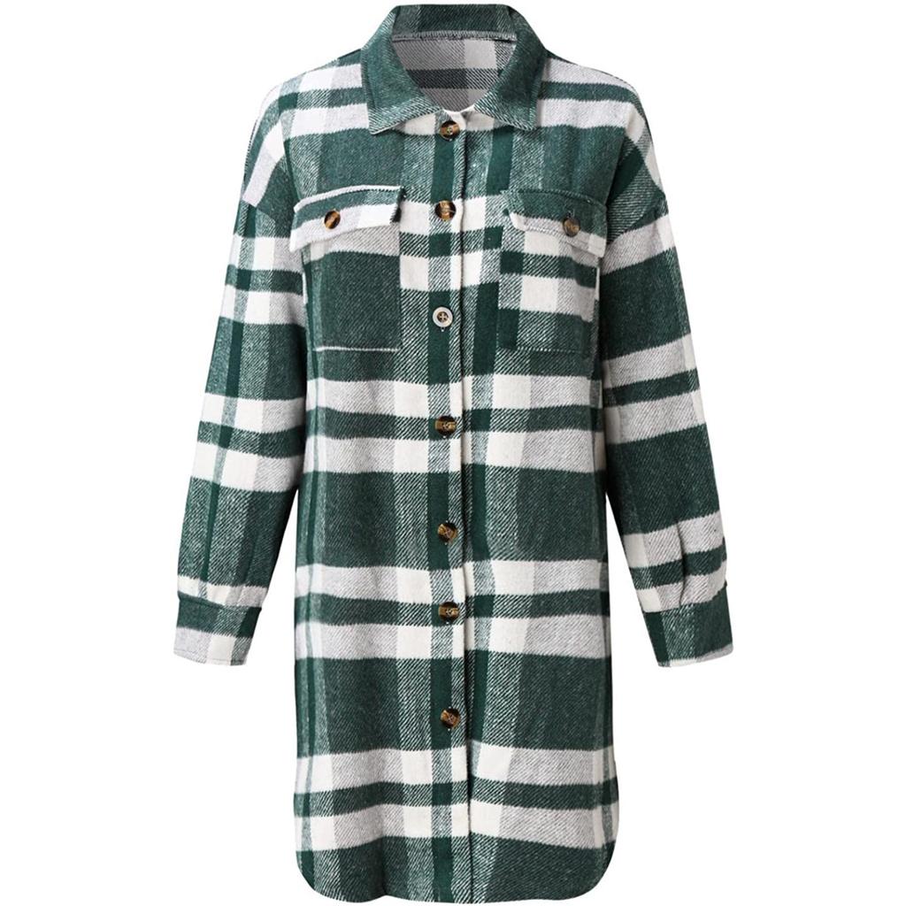 Women's Brushed Plaid Shirts Long Sleeve Flannel Lapel Button Down Pocketed Shacket Jacket Coats