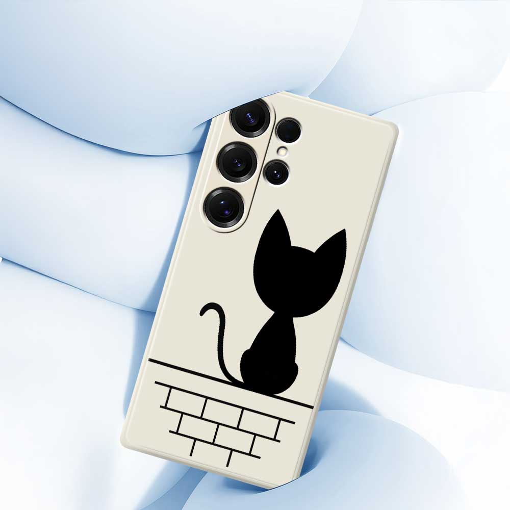 For Samsung Galaxy S25 Ultra Case Black Cat On the Wall Pattern Printing Straight Edge TPU Phone Back Cover
