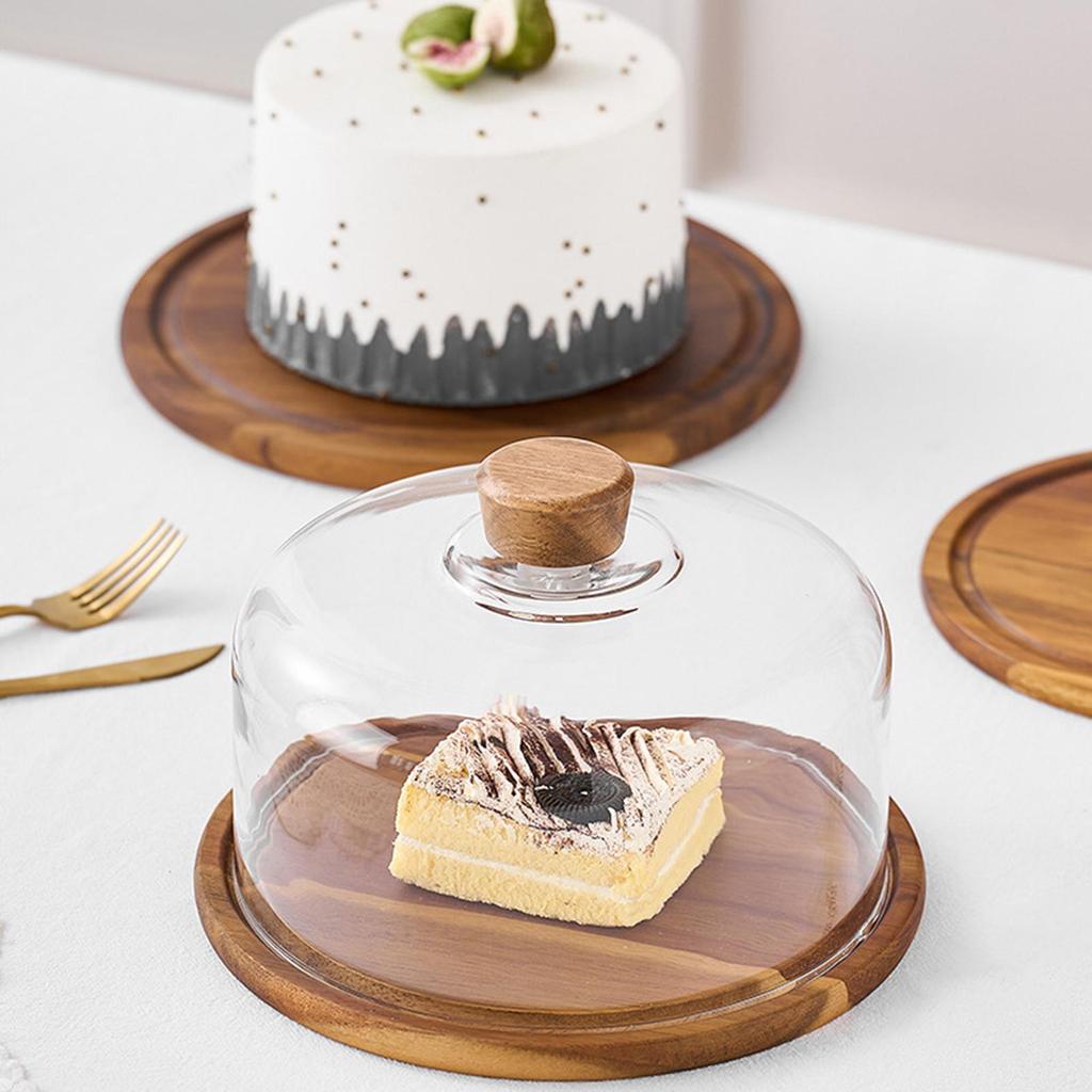 Cake Display Server Tablet Stand with Dome Plate Glass Dessert Wood Serving Shell for