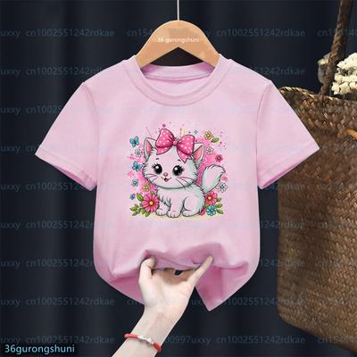 T-shirt Kawaii para Meninas Bebida Donut Estampa Gato Fofo Infantil Algodão T-shirt Moda Meninas Rosa Top de Manga Curta