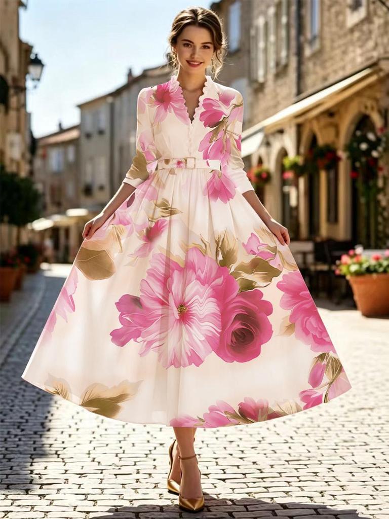 Artistic Retro V-Neck Waist-Cinching Long-Sleeve A-Line Women's Dress