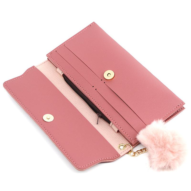 Fashion Fur Ball Wallet for Women Solid Color PU Leather Long Standard Wallets Butterfly Card Holders Purse Female Bag