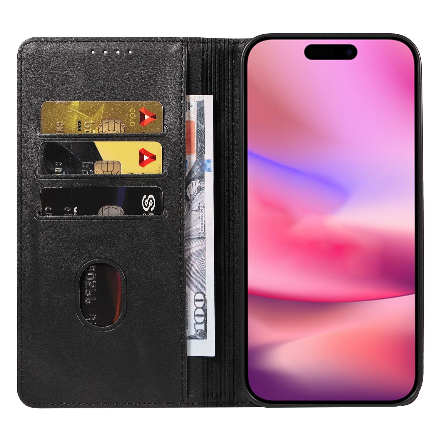

For iPhone 16 Wallet Case WANLONFENG NW1 Series Magnetic Closure Calf Texture Leather Phone Cover Black