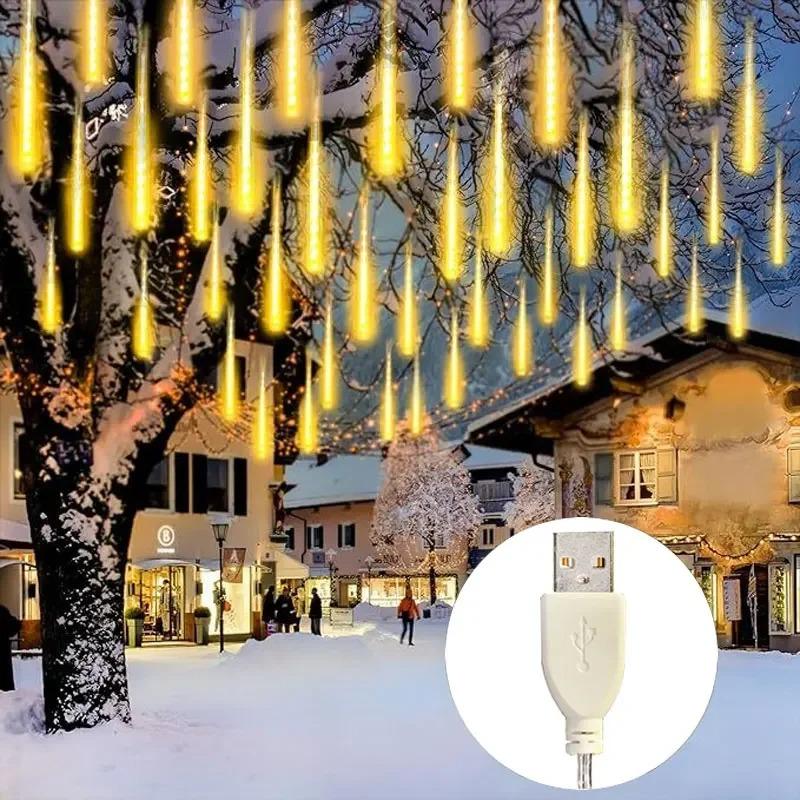 

8Tubes USB Powere 30/50cm LED Meteor Shower Rain Lights Waterproof Falling Raindrop Fairy String Light for Christmas Holiday Party Wedding Patio Decor 30cm- Yellow (USB)
