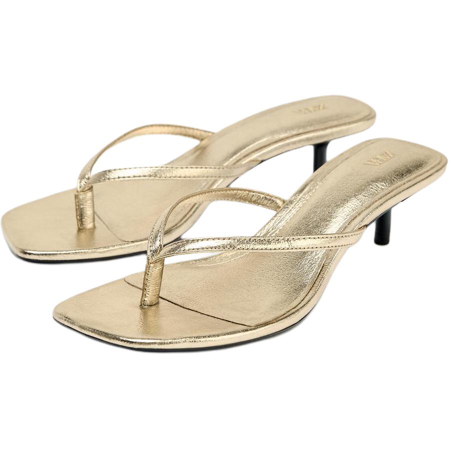 Zara Minimalist Comfortable Metallic Layered Effect Kitten Heel Flip Flops Women Footwear Gold 13302610253-37