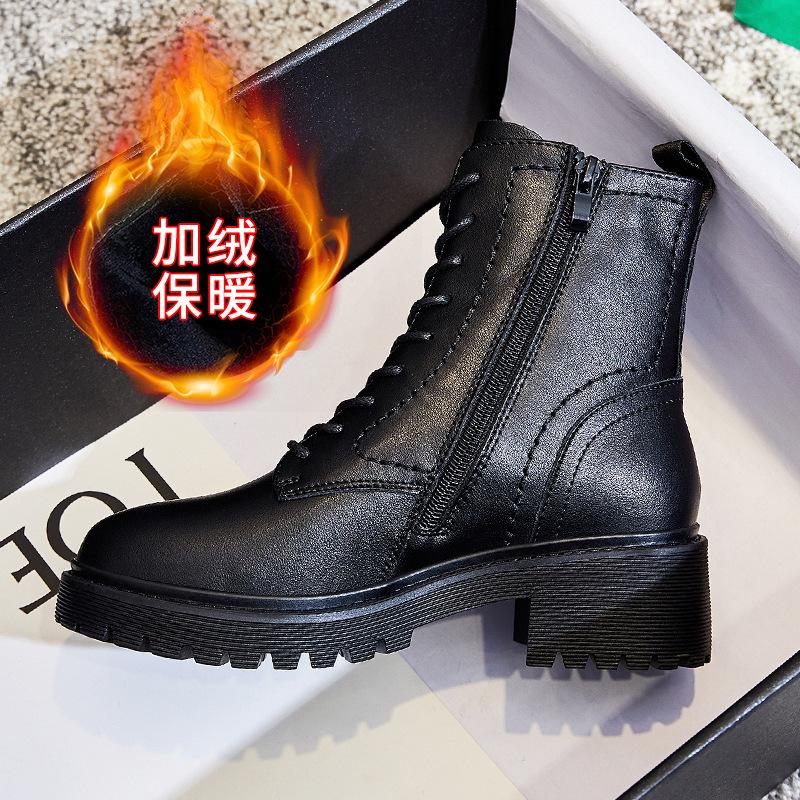 

Leather platform Martin boots women s 2025 autumn and winter new women s medium tube British style thin boots short boots velvet women s shoes 35 чёрный
