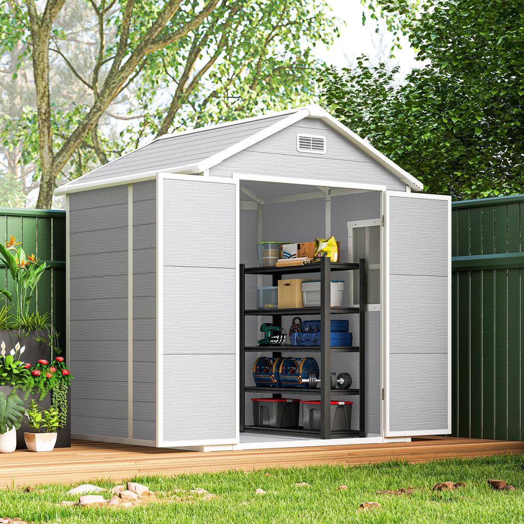 6 X 5ft Garden Shed, Plastic Shed with Floor, Window, Lockable Doors and Vents, Wood Effect Resin Tool Shed for Outdoor Patio, Light Grey